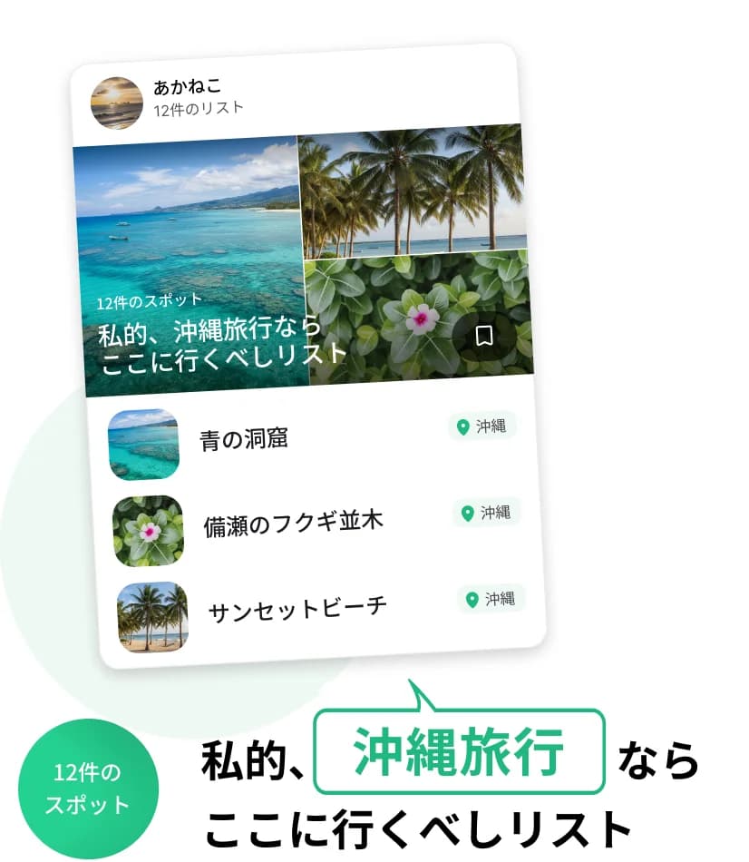 「私的、沖縄旅行ならここに行くべしリスト」というユーザー作成リストの例。青の洞窟、備瀬のフクギ並木、サンセットビーチなど12件のスポットが並んでいる