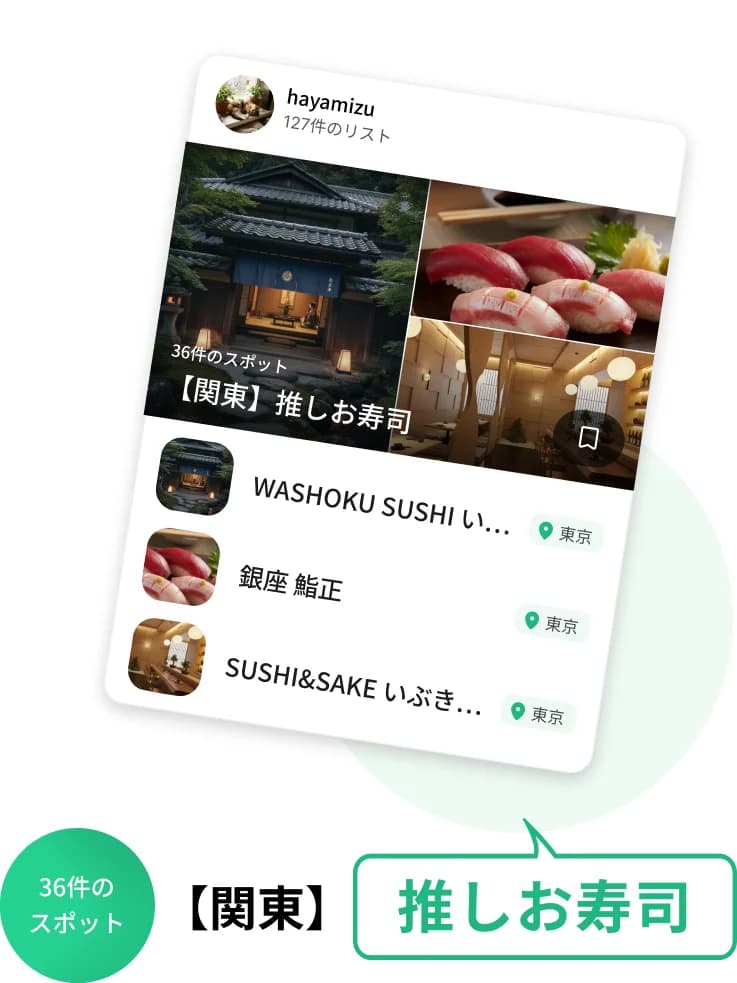 「【関東】推しお寿司」というユーザー作成リストの例。WASHOKU SUSHI いぶき 銀座店、銀座 鮨正など36件のスポットが並んでいる
