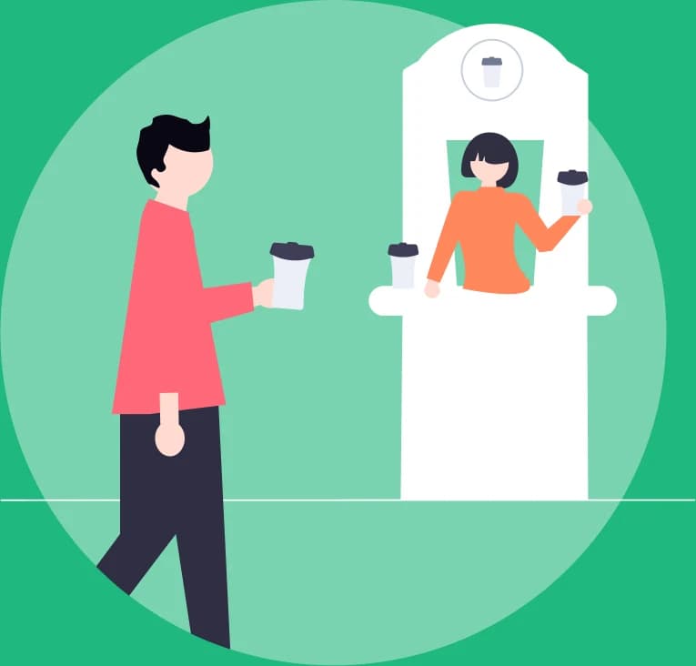 コーヒーを持った人が、店の窓口で店員からドリンクを受け取っているイラスト