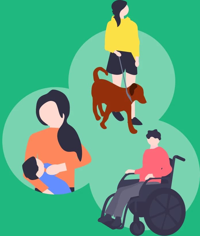 子ども連れの人、犬を連れた人、車いすの人がそれぞれ出かけているイラスト